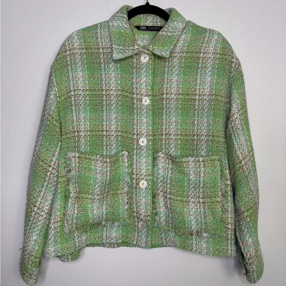 Zara cropped green tweed jacket size small